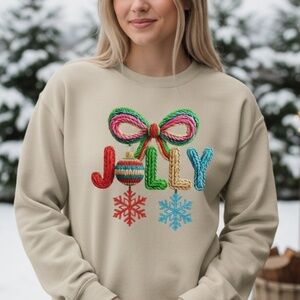 NEW Christmas Jolly Sweatshirt Faux Yarn Pink Green Bow. Any Size X M L XL XXL